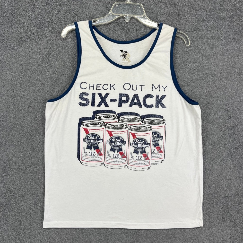 Pabst Blue Ribbon Mens Tank Top Check Out My Six Pack‎ Beer Graphic T Shirt L